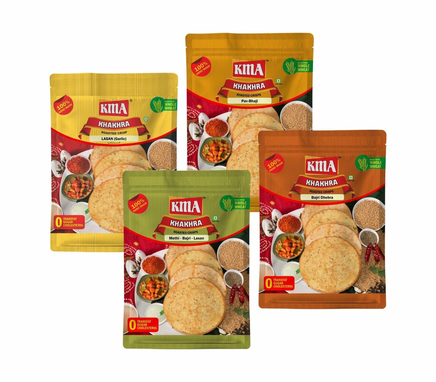 KMA Gujarati Khakhra Garlic Flavors Combo 800g (4 packs * 200g each) - Bajri Dhebra , Garlic , Methi Bajri Lasan & Pav Bhaji , Handmade Roasted Fresh Snacks , Ready to Eat Anytime Snack , Crispy & Nutritious with Authentic Taste , Healthy Diet