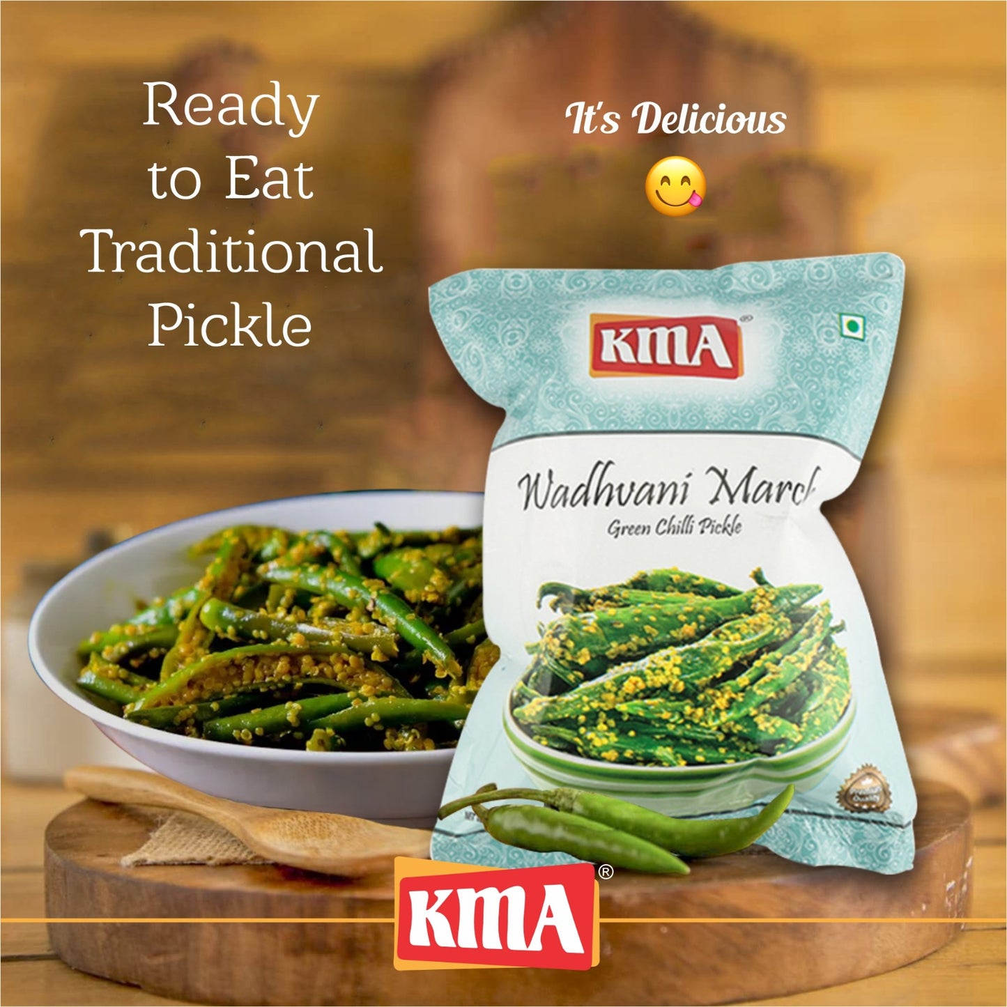 KMA Green Chilli Pickle | Homemade Hari Mirch Ka Achar | Wadhwani Marcha | 600 g | Pack of 3 x 200g | Green Chilli Dry Pickle Pouch | Ready to Eat | No Preservatives, No Colors Added