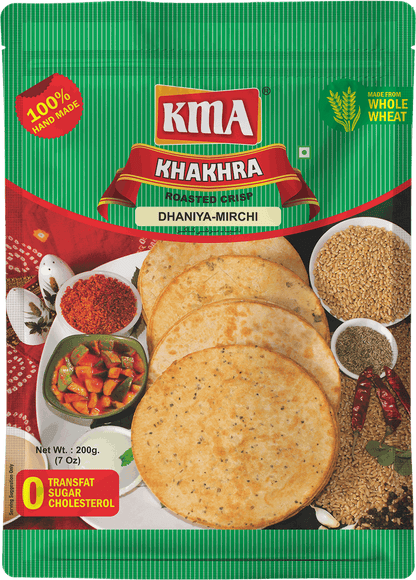 KMA Dhaniya Mirchi Khakhra | 4 Packs Combo | 200g Each | Premium Handmade Roasted Gujarati Khakhra | Healthy Snacks