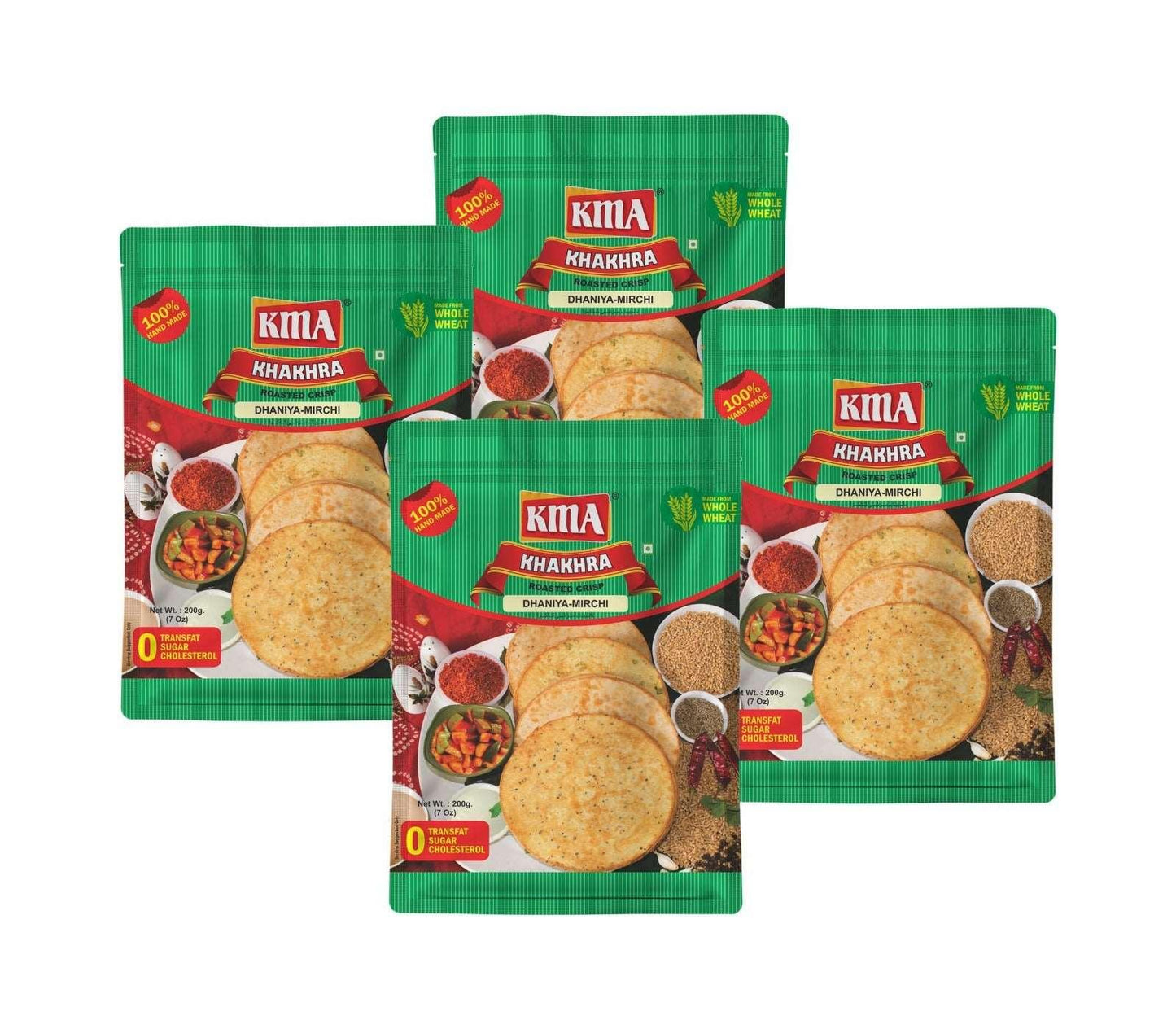 KMA Dhaniya Mirchi Khakhra | 4 Packs Combo | 200g Each | Premium Handmade Roasted Gujarati Khakhra | Healthy Snacks