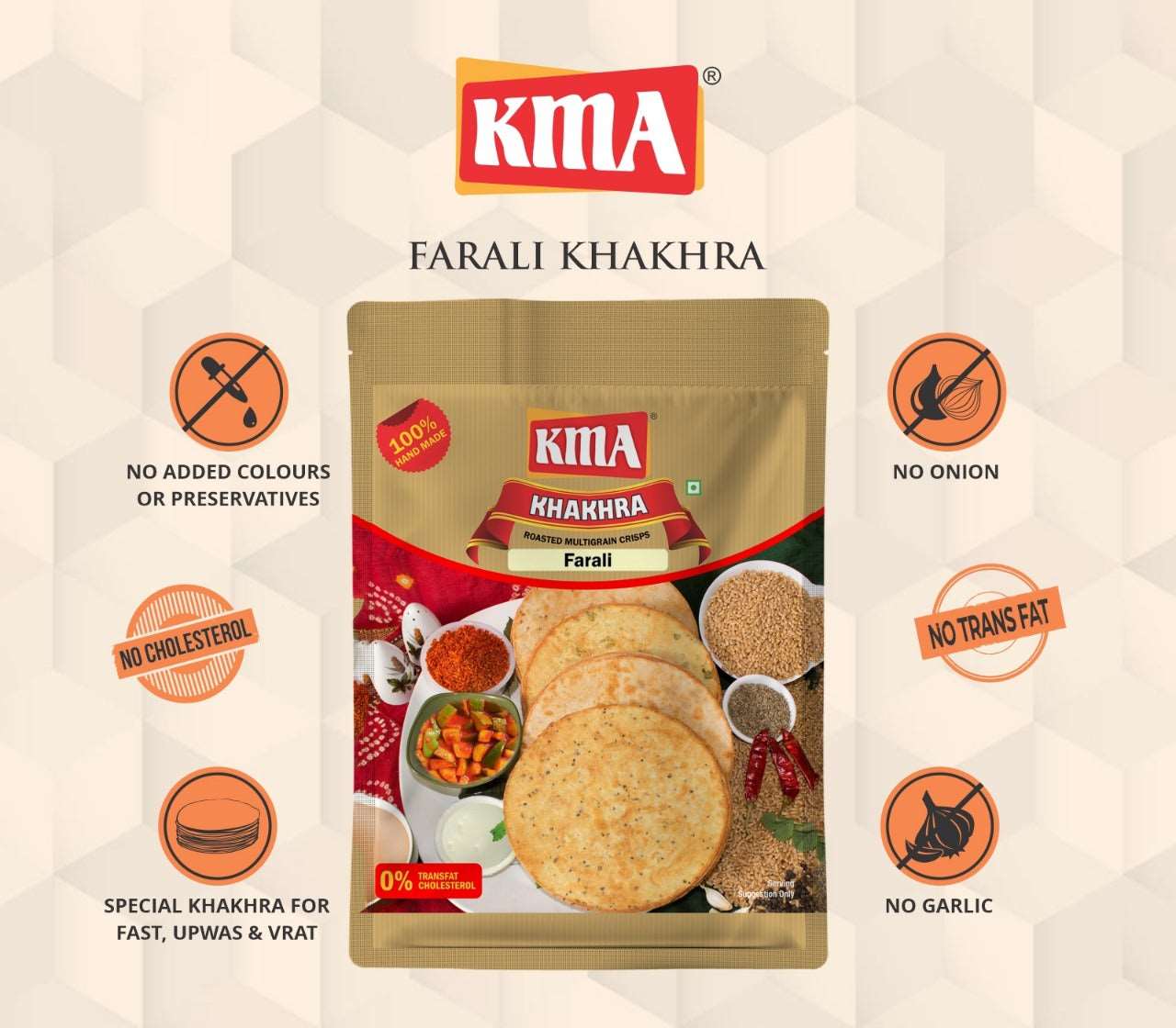 Our Vrat special KMA Farali Khakhra is made from a delicious blend of multigrain farali flours, ensuring a gluten-free snack that is both tasty and nutritious. With a shelf life of 6 months, you can be confident that you are receiving a fresh product manufactured in the same month.