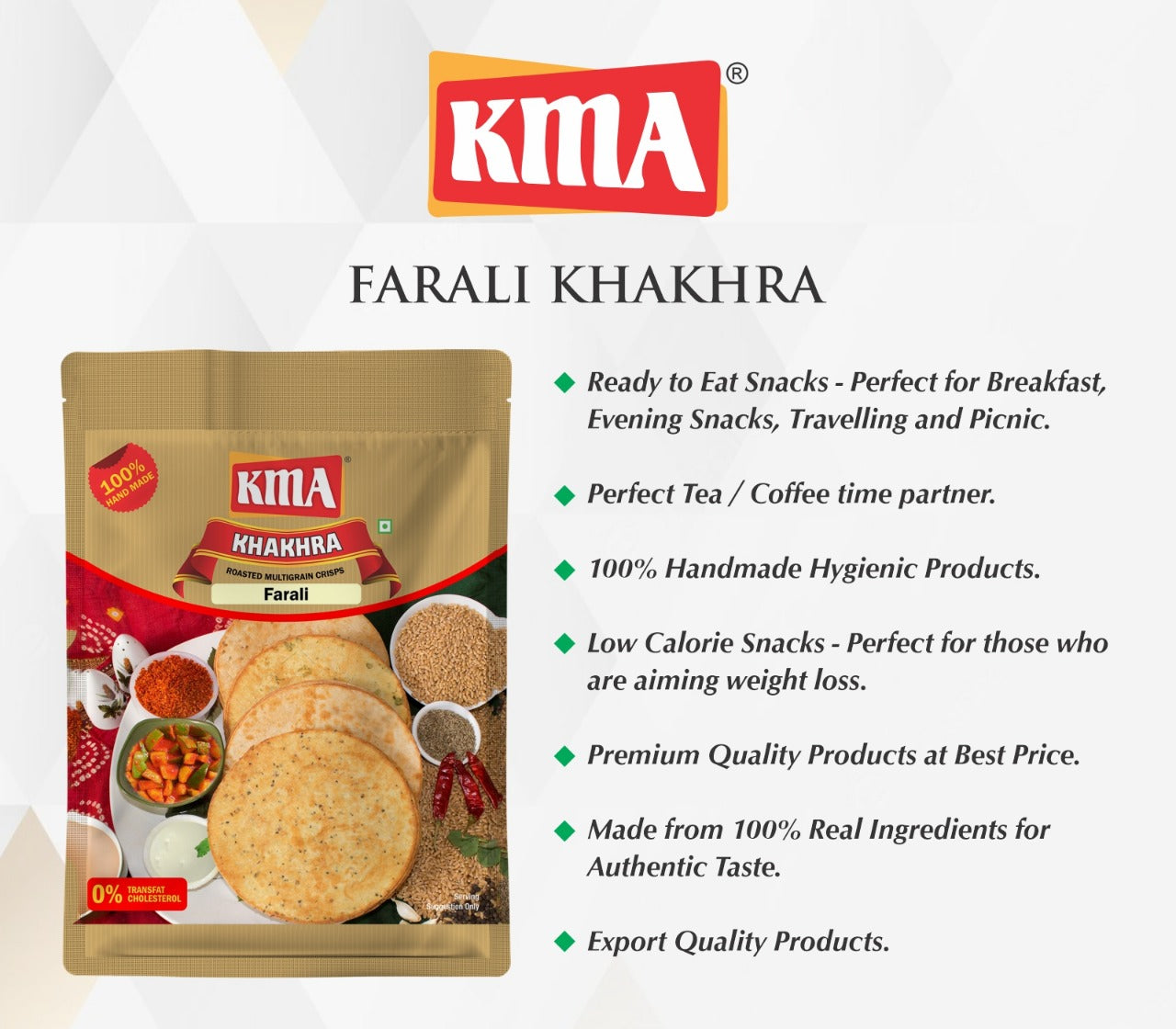 Not only is our Farali Khakhra a great option for fasting, but it is also a low-calorie snack that can be enjoyed on any day. Whether you're taking a break, going on a picnic, working in the office, traveling, watching a movie, dieting, or attending a party, our Khakhra is the perfect companion.
