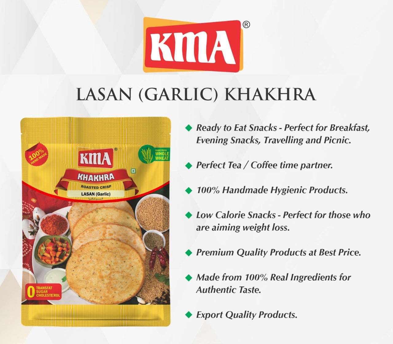 KMA Lasan Khakhra | 4 Packs Combo | 200g Each | Garlic Khakhra | Premium Handmade Roasted Gujarati Khakhra | Healthy Snacks