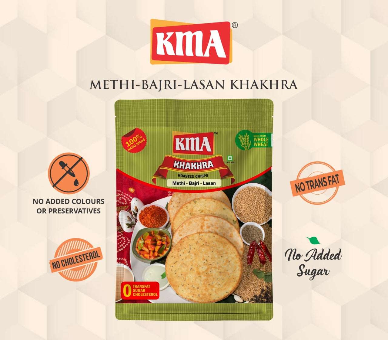 KMA Methi Bajri Lasan Khakhra | 4 Packs Combo | 200g Each | Premium Handmade Roasted Gujarati Khakhra | Healthy Snacks