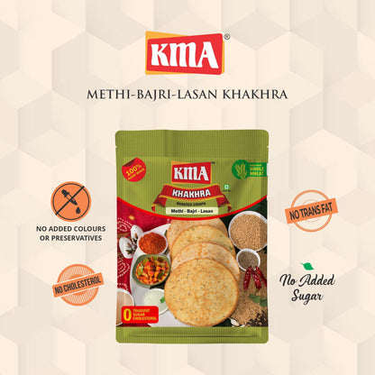 KMA Gujarati Khakhra Garlic Flavors Combo 800g (4 packs * 200g each) - Bajri Dhebra , Garlic , Methi Bajri Lasan & Pav Bhaji , Handmade Roasted Fresh Snacks , Ready to Eat Anytime Snack , Crispy & Nutritious with Authentic Taste , Healthy Diet