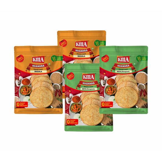 KMA Gujarati Khakhra Combo 800g (4 packs * 200g each) – 2 Methi Khakhra , 2 Masala Khakhra - Handmade Roasted Fresh Snacks , Ready to Eat Anytime Snack, Crispy & Nutritious with Authentic Taste , Healthy Indian Diet , Low Calorie Anytime Snack