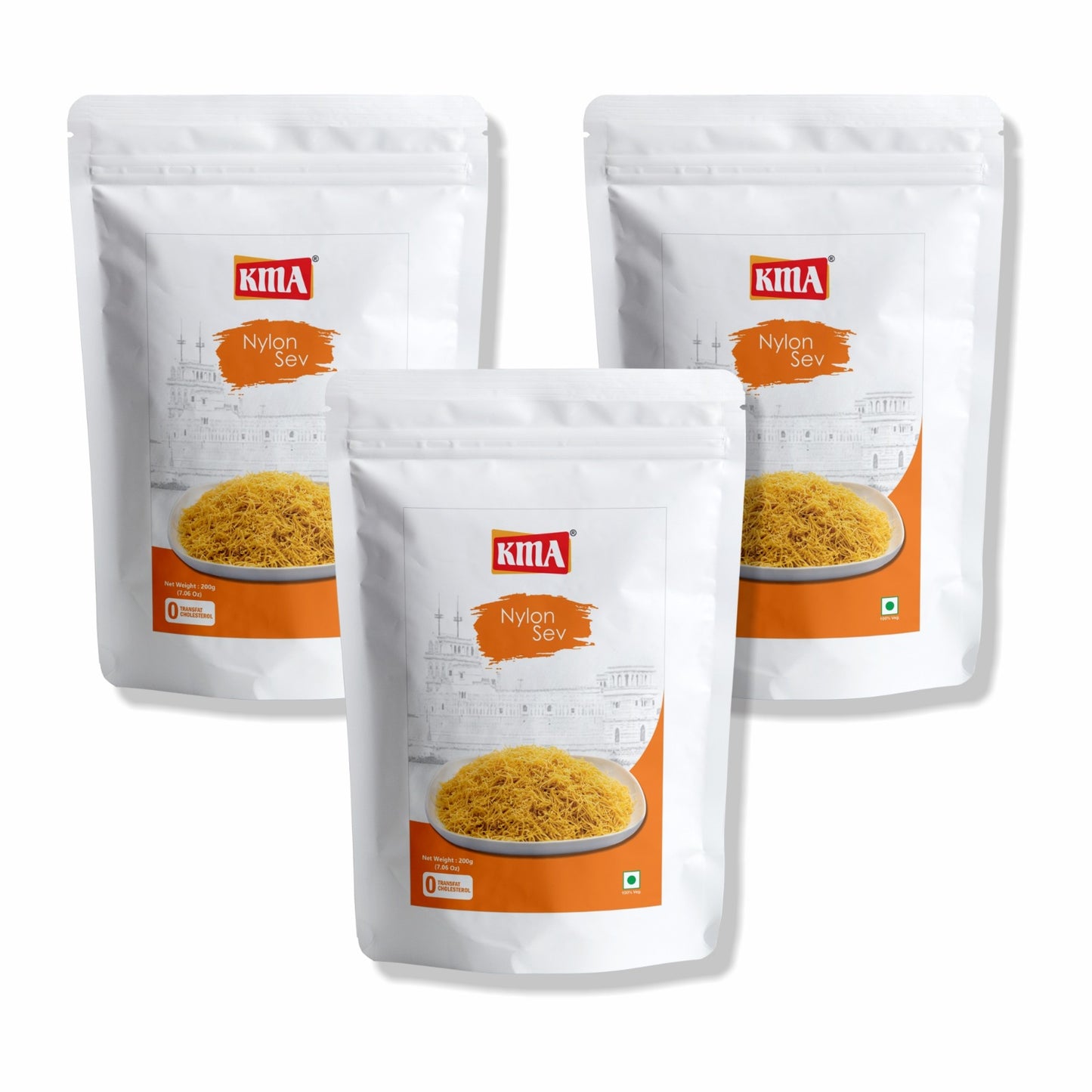 KMA Nylon Sev 600g (pack of 3 x 200g) | Fresh Gujarati Farsan | Salted Crispy Besan Namkeen | Jain Food Products | Ready to Eat Snack | Indian Snacks Delights | No Cholesterol | No Transfat