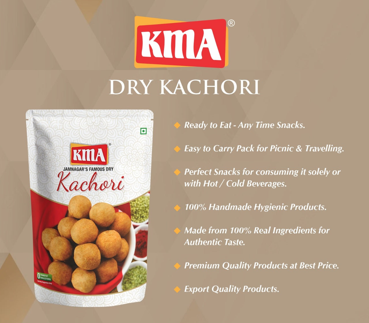 Don't miss out on the chance to try this mouth-watering snack! KMA Dry Kachori bring a delightful combination of sweet and spicy flavors from Jamnagar, India. Made from a blend of quality spices and stuffed with deliciousness in every bite, KMA Dry Kachori offers a classic taste that is perfect for any occasion. Plus, it is manufactured fresh in the same month to ensure the highest quality. 